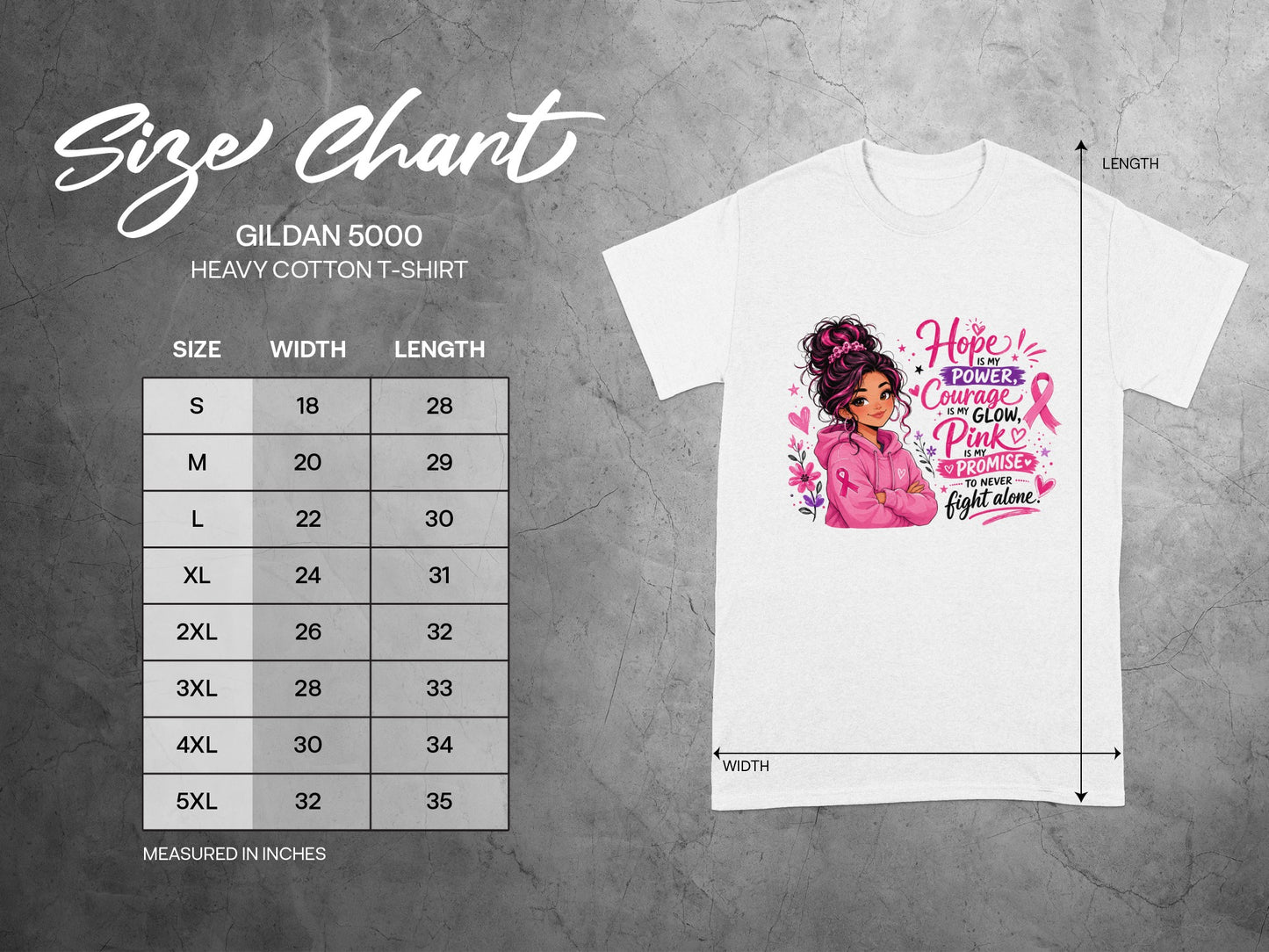 Gildan 5000 Heavy Cotton T-shirt size chart with breast cancer awareness graphic.
