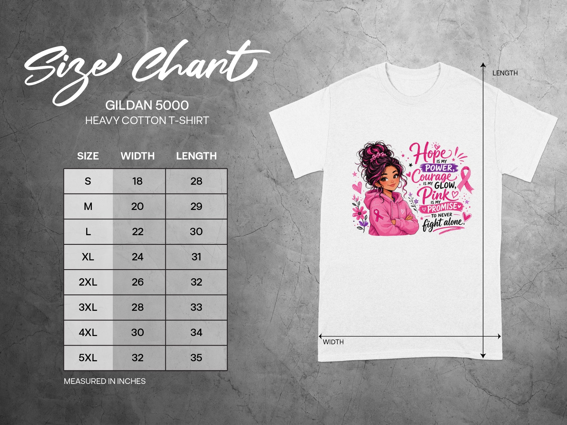 Gildan 5000 Heavy Cotton T-shirt size chart with breast cancer awareness graphic.