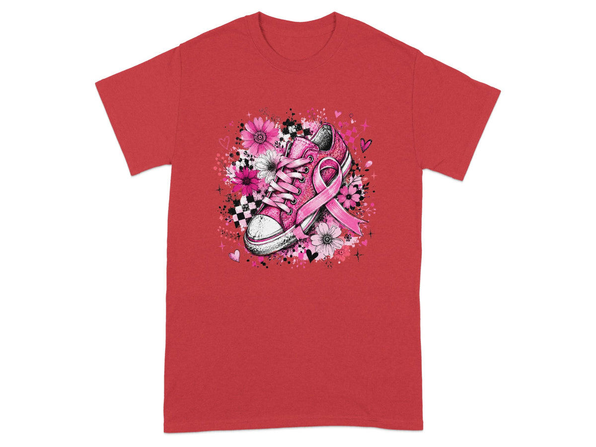 Pink sneaker with breast cancer ribbon and flowers on red t-shirt.