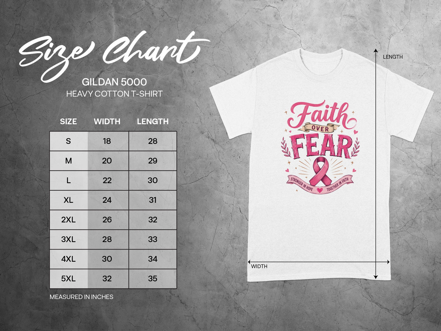 Gildan 5000 size chart for heavy cotton t-shirt with width and length measurements in inches.
