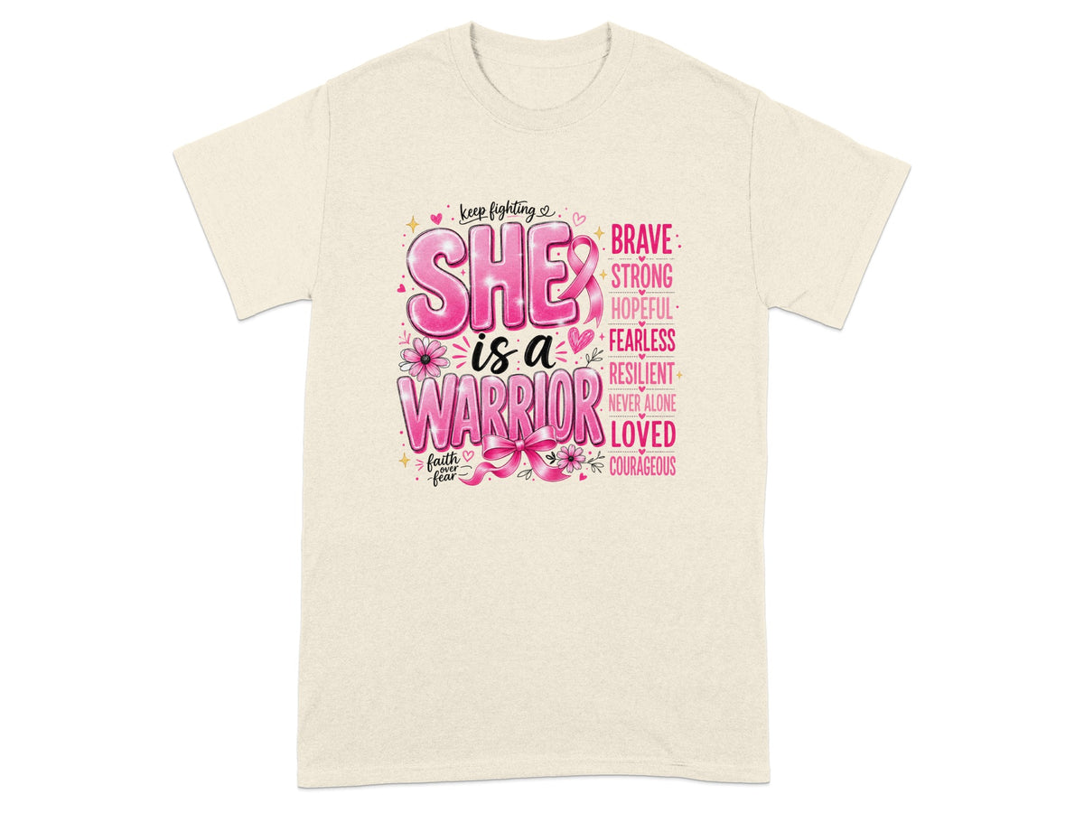 Cream t-shirt with "She is a Warrior" design and inspirational words.