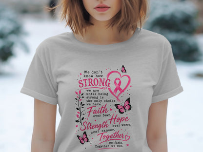 Gray t-shirt with breast cancer ribbon, hearts, butterflies and inspirational text.