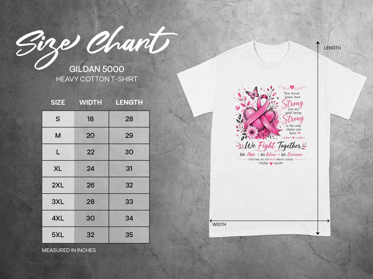 Gildan 5000 Heavy Cotton t-shirt size chart with width and length measurements.