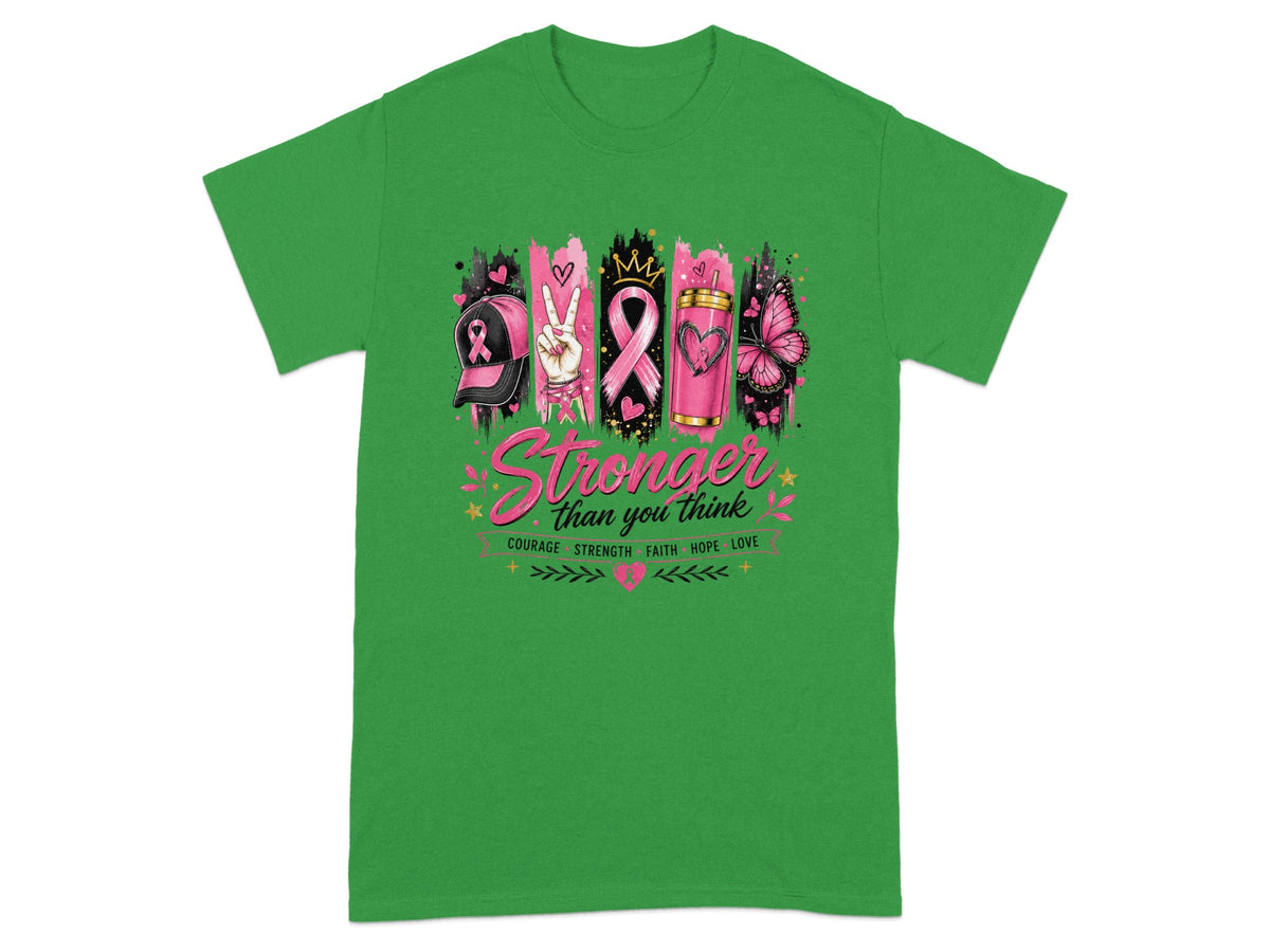 Green t-shirt with "Stronger than you think" and breast cancer awareness ribbon design.