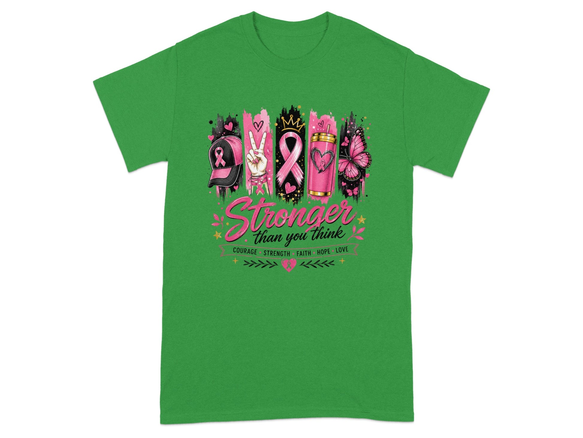 Green t-shirt with "Stronger than you think" and breast cancer awareness ribbon design.