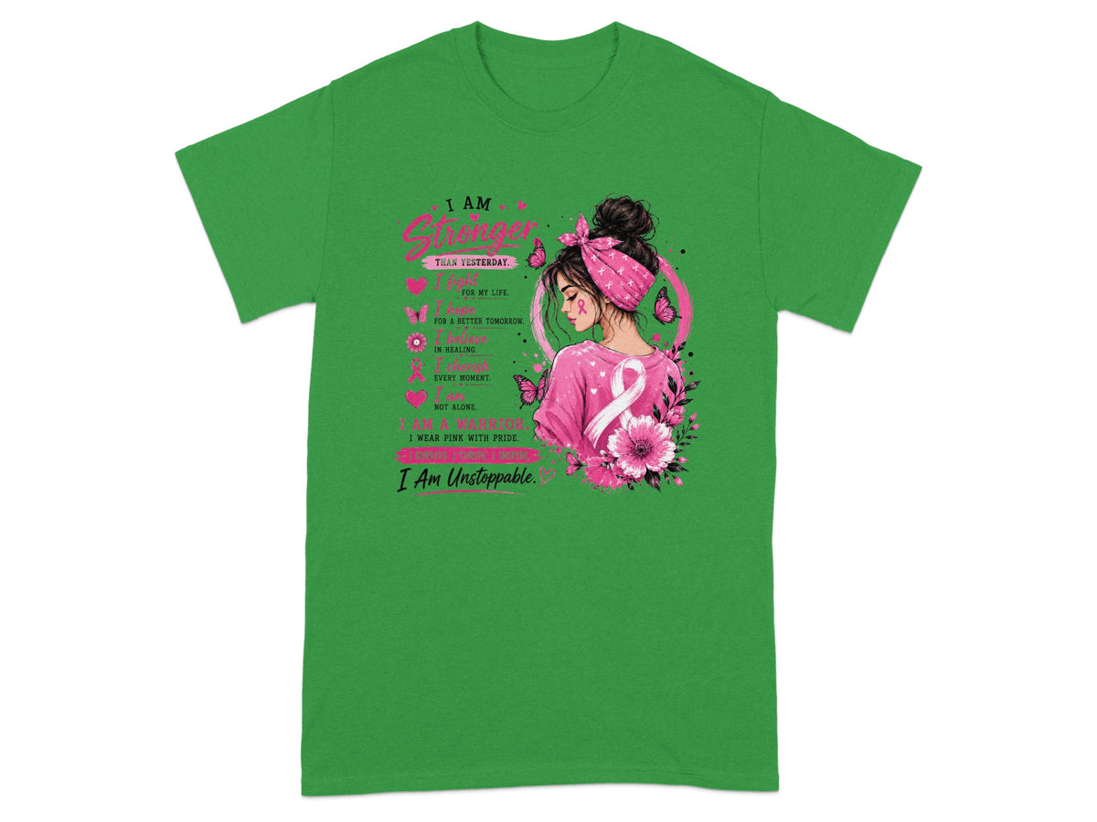 Green t-shirt with graphic about strength and being a warrior, including text and floral elements.