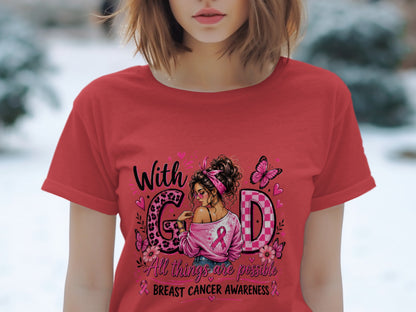 Red t-shirt with graphic: "With God" and "All things are possible Breast Cancer Awareness".