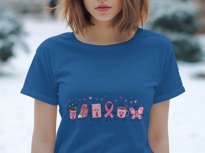 Blue t-shirt with a cartoon lineup of a potted plant, shoe, notebook, ribbon, mug, and butterfly.