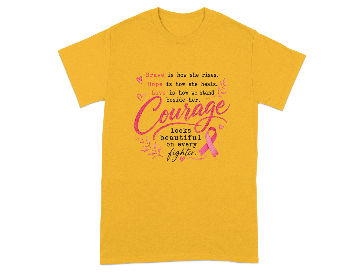 Yellow t-shirt with inspirational quote and pink ribbon for breast cancer awareness.