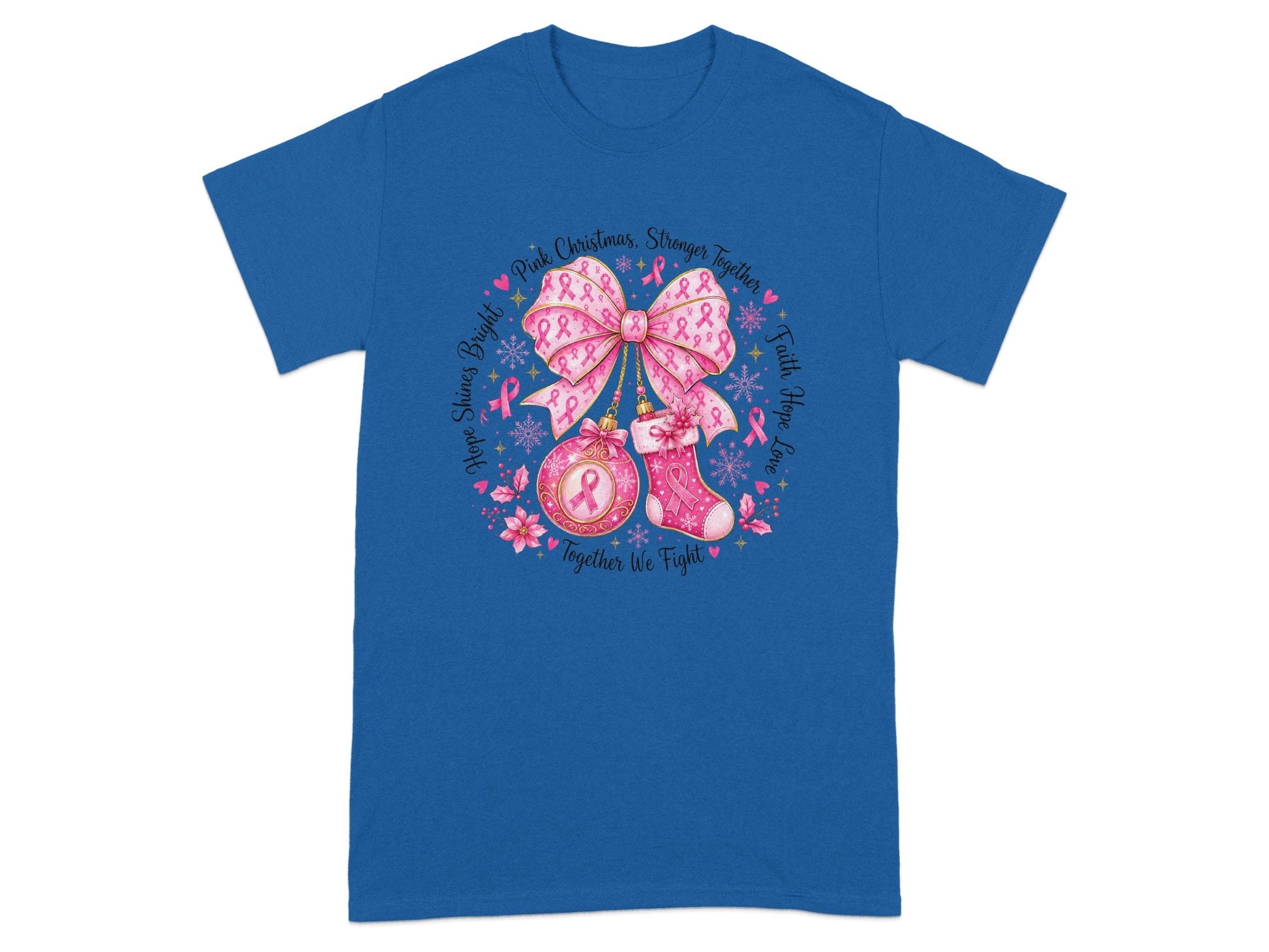 T-shirt with pink bow, ornament, stocking, and breast cancer ribbons.