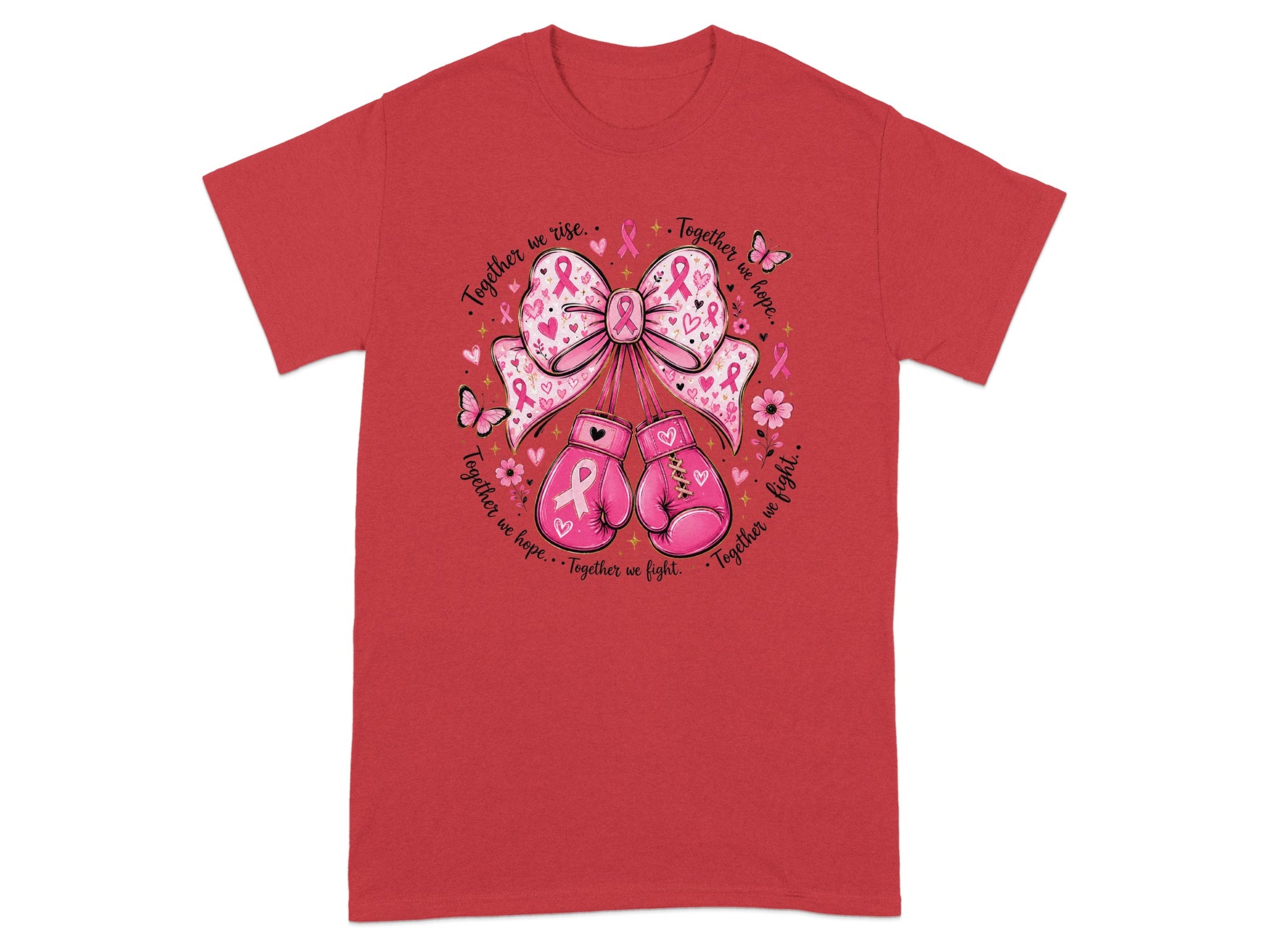 Pink boxing gloves and bow with breast cancer ribbons and butterflies.