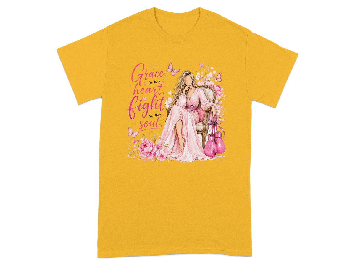 Woman in pink dress with boxing gloves and text "Grace in her heart, fight in her soul."