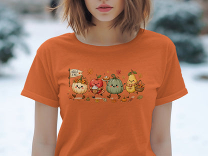 Autumn characters including a pumpkin, apple, and pear walk with "HELLO FALL" banner.