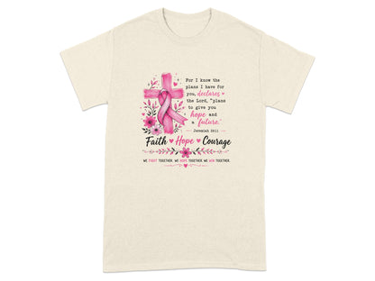 Cream t-shirt with pink cross, ribbon, flowers, and Jeremiah 29:11 text.