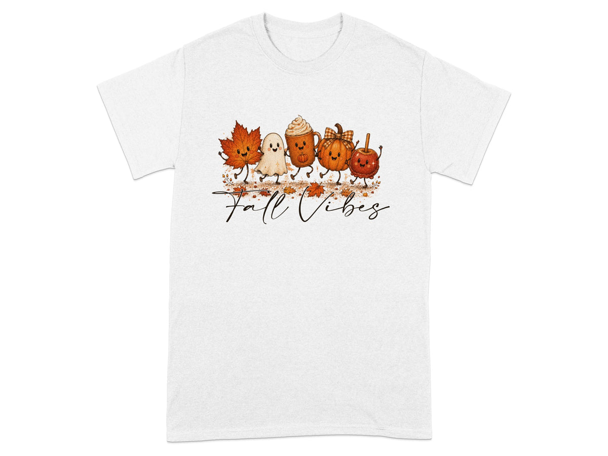 White t-shirt featuring cute cartoon fall icons and the text "Fall Vibes".