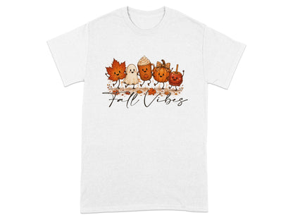 White t-shirt featuring cute cartoon fall icons and the text "Fall Vibes".