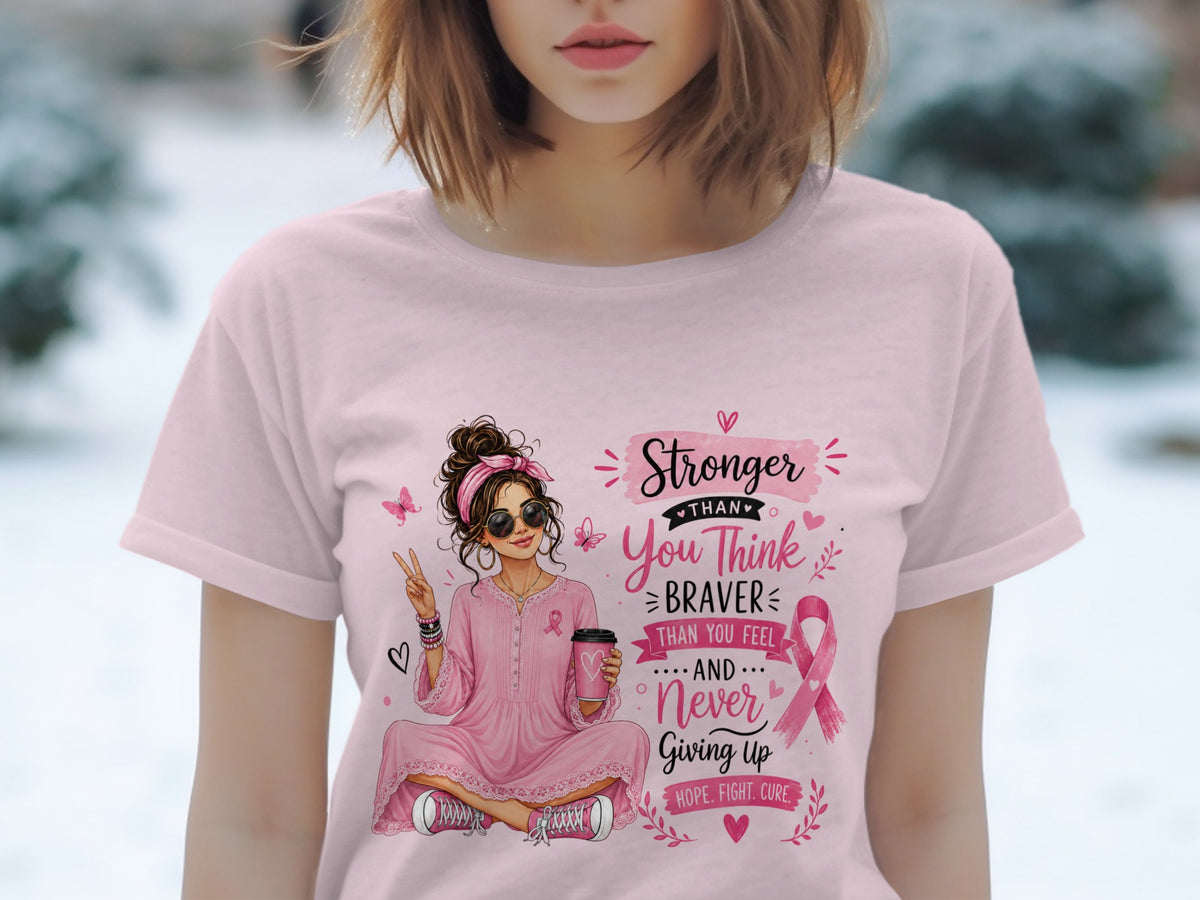 Pink t-shirt with illustration of a woman and breast cancer awareness text.