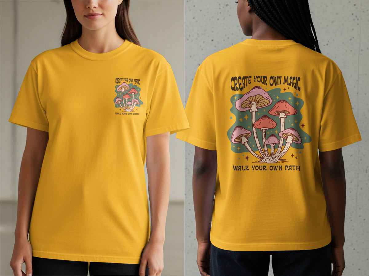 Yellow t-shirt with "Create Your Own Magic" and mushroom graphic.