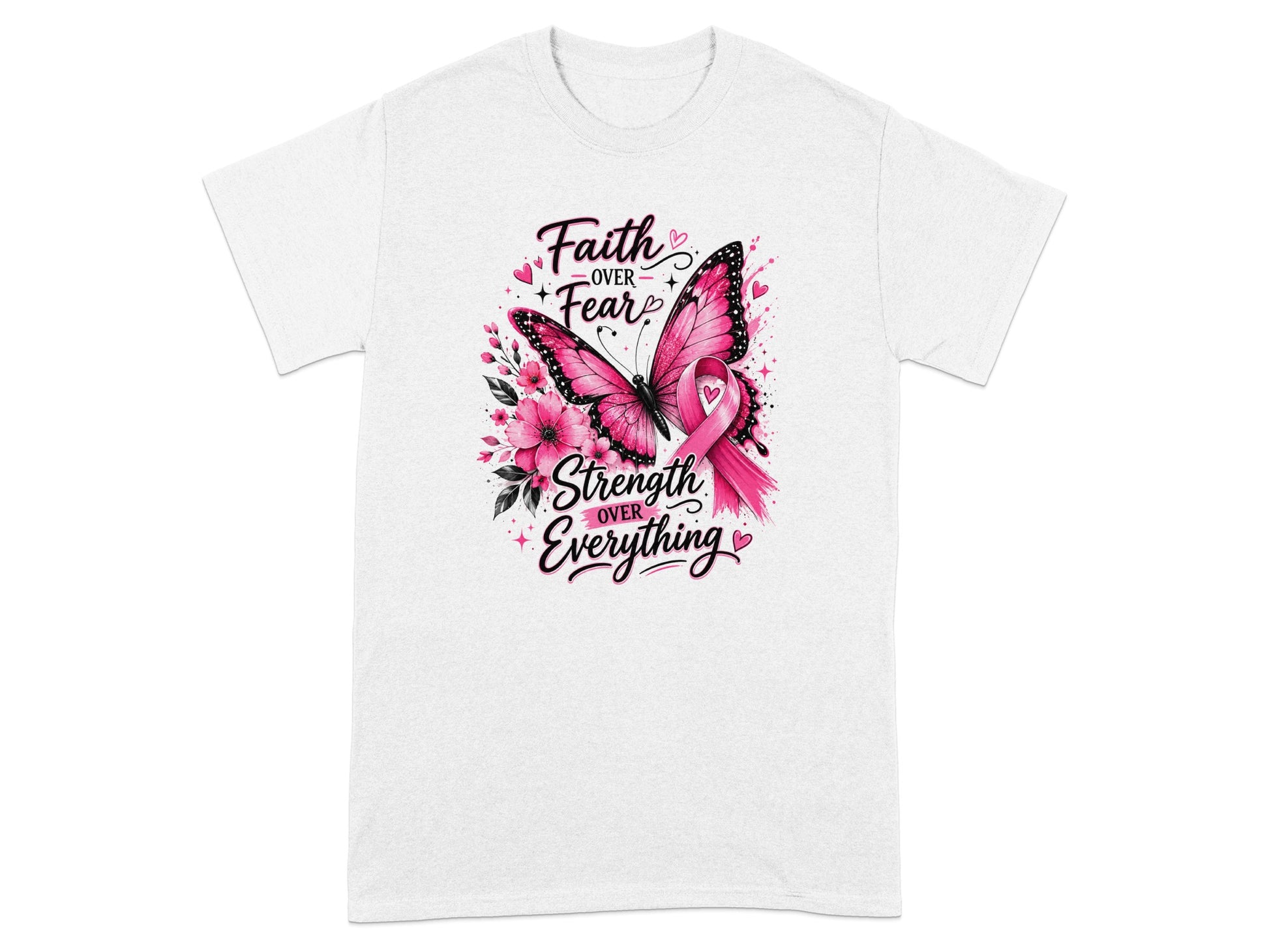 Pink butterfly and flowers with text "Faith Over Fear" and "Strength Over Everything."