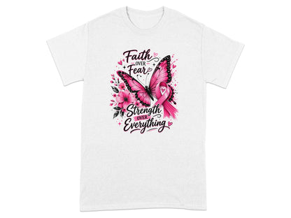 Pink butterfly and flowers with text "Faith Over Fear" and "Strength Over Everything."