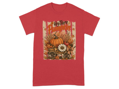 Fall wagon with pumpkin, flowers, and leaves; text reads "Hey There Pumpkin".