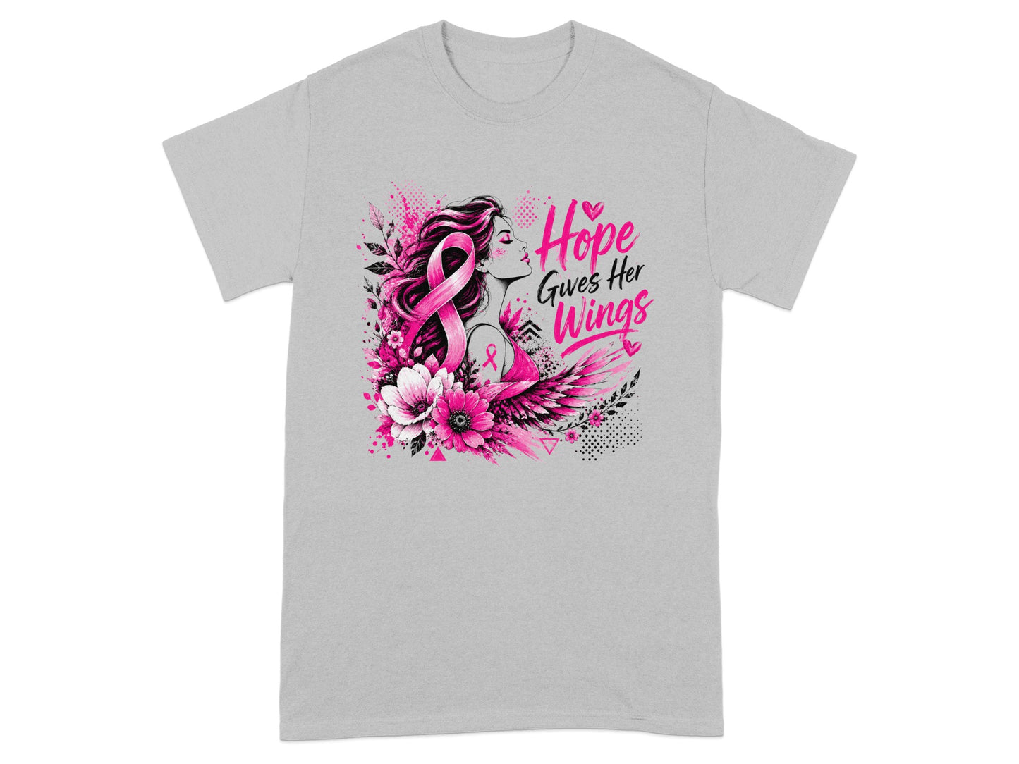 Woman with pink ribbon, flowers, and wings, "Hope Gives Her Wings" text.