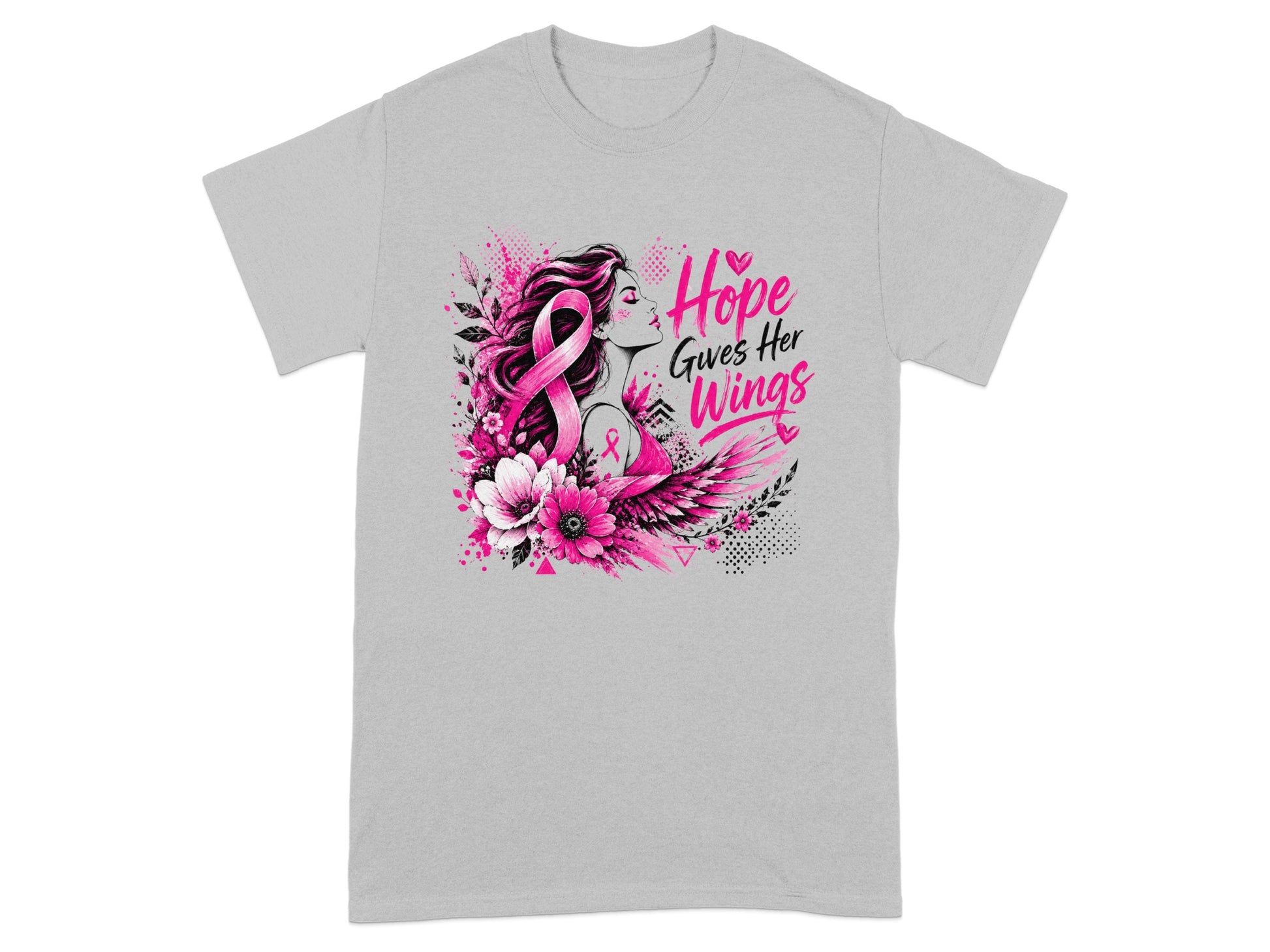Woman with pink ribbon, flowers, and wings, "Hope Gives Her Wings" text.