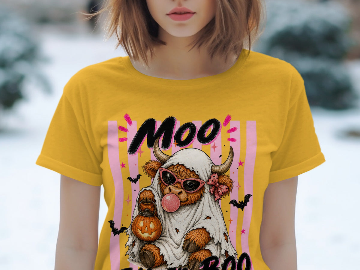 Highland cow in ghost costume with pumpkin and text "Moo Boo" on yellow shirt.