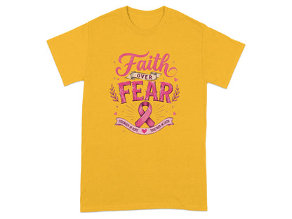 Yellow t-shirt with "Faith Over Fear" and pink ribbon graphic.