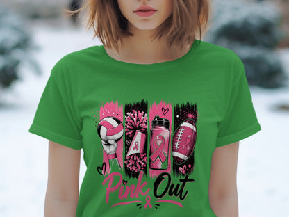 Green t-shirt with "Pink Out" text and sports icons with pink ribbons.
