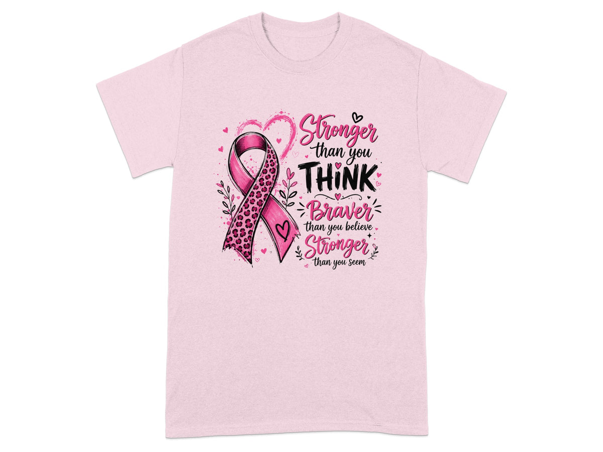 Pink t-shirt with leopard print breast cancer ribbon and "Stronger than you think, Braver than you believe, Stronger than you seem" text.
