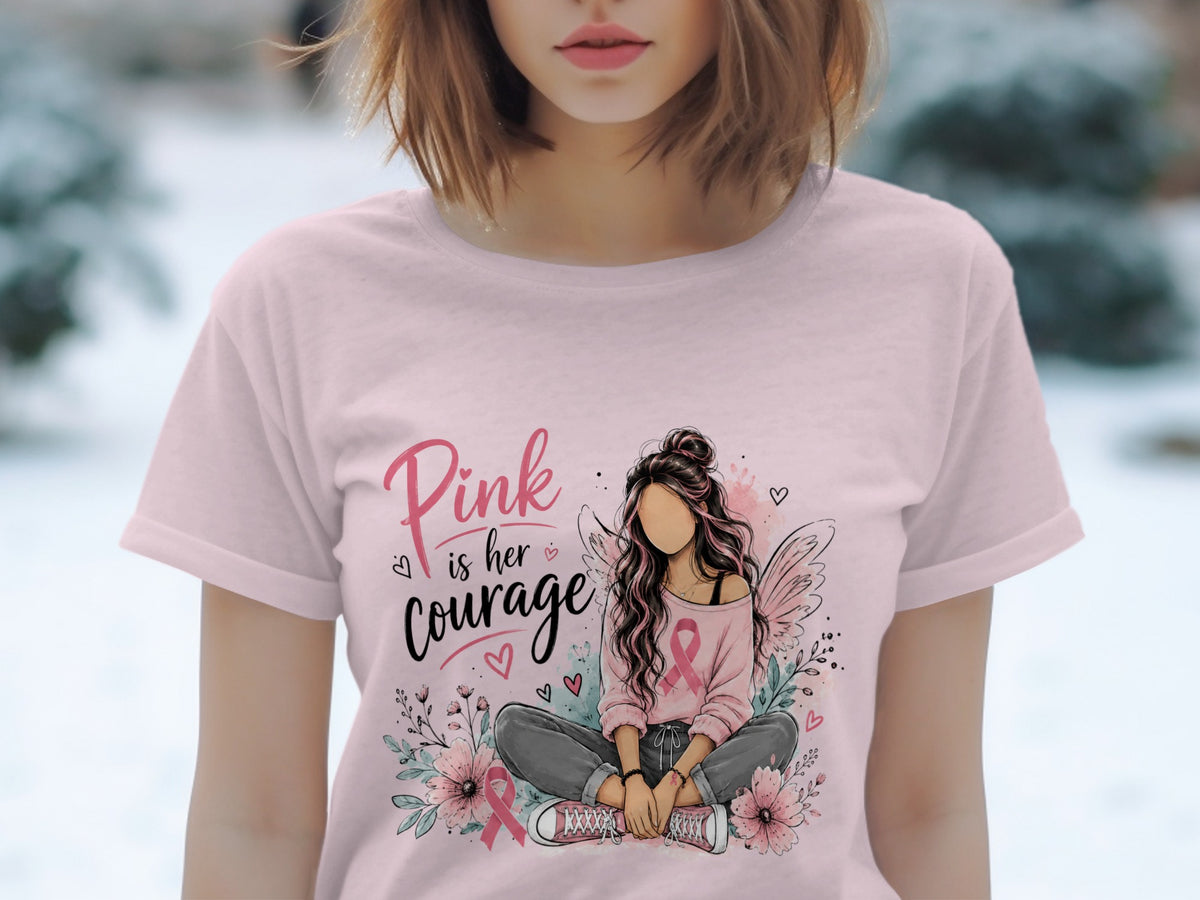 Pink is her courage graphic with fairy and breast cancer awareness ribbons.
