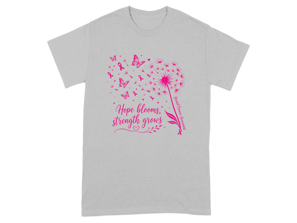 Gray t-shirt with pink dandelion, butterflies, ribbons, and text "Hope blooms, strength grows."