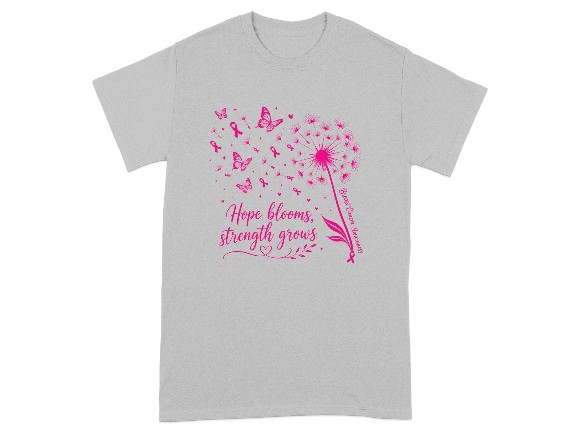 Gray t-shirt with pink dandelion, butterflies, ribbons, and text "Hope blooms, strength grows."