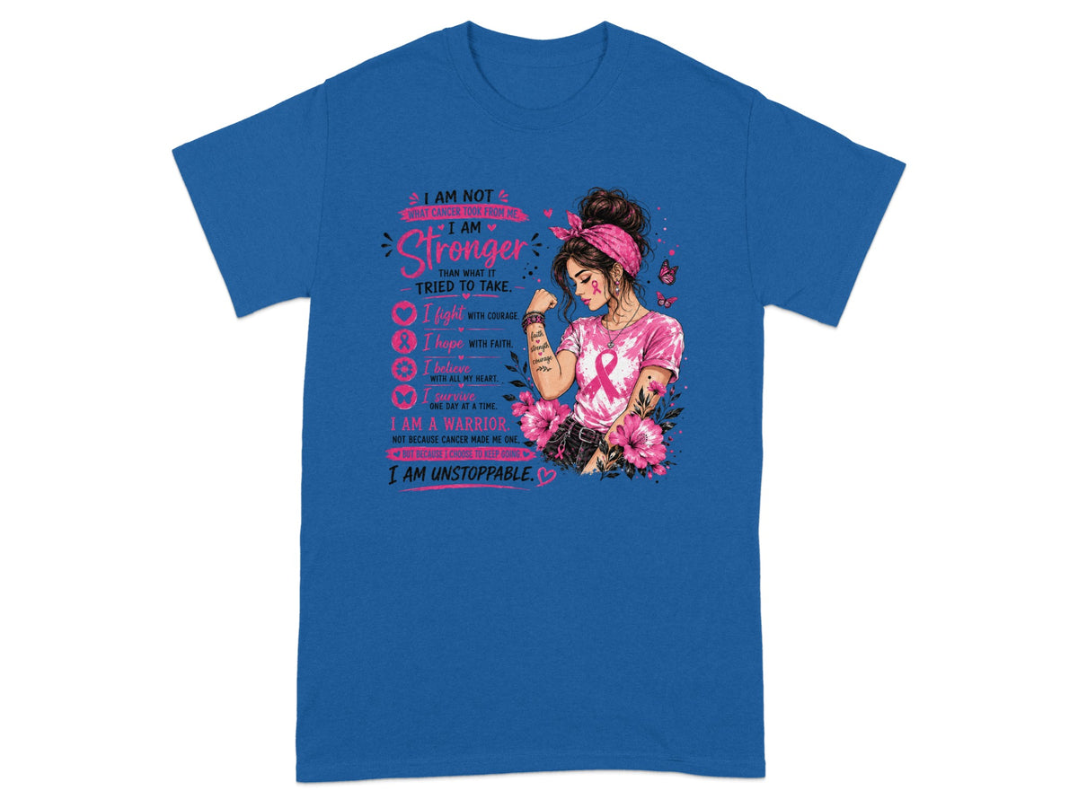 T-shirt with "I Am Stronger" message and breast cancer ribbon artwork.