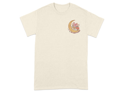 Cream t-shirt with crescent moon, flowers, and text "Take a moment to breathe".
