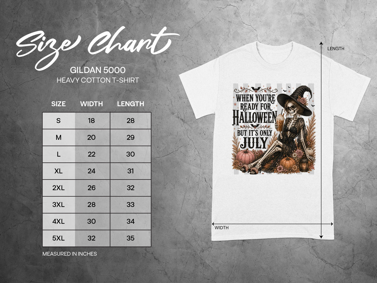 Gildan 5000 heavy cotton t-shirt size chart with "Halloween in July" graphic.