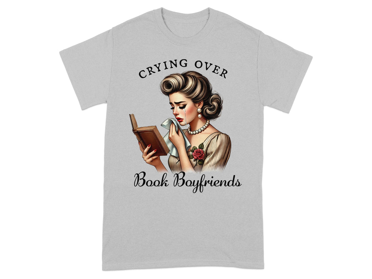 Vintage woman crying over book with text "Crying Over Book Boyfriends"