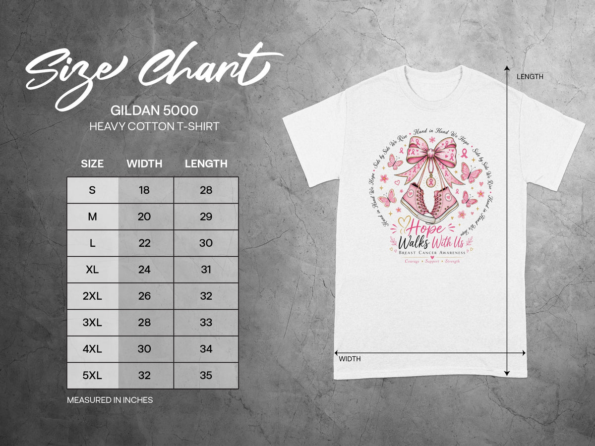 Gildan 5000 t-shirt size chart with breast cancer awareness graphic.