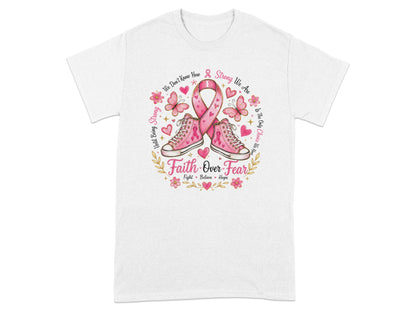 Pink Converse high-tops with breast cancer ribbon, butterflies, and inspirational text.