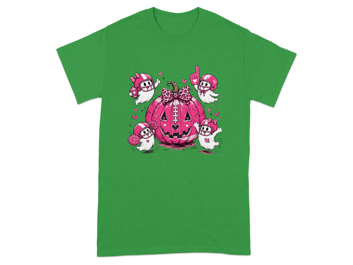 Pink football pumpkin with four ghosts wearing helmets on a green t-shirt.
