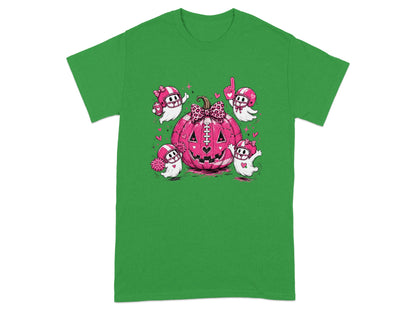 Pink football pumpkin with four ghosts wearing helmets on a green t-shirt.