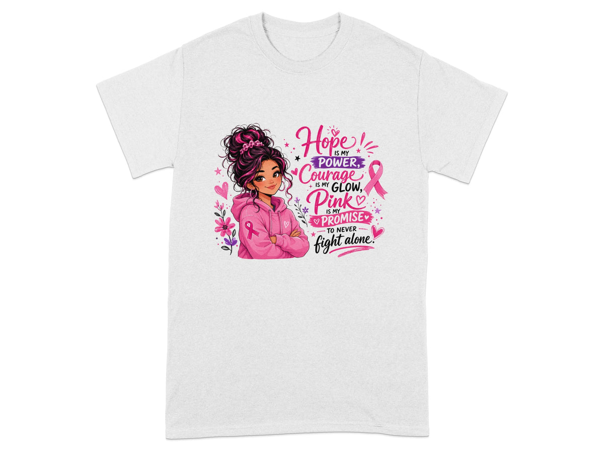 White t-shirt with illustration of girl and text about hope, power, and courage.