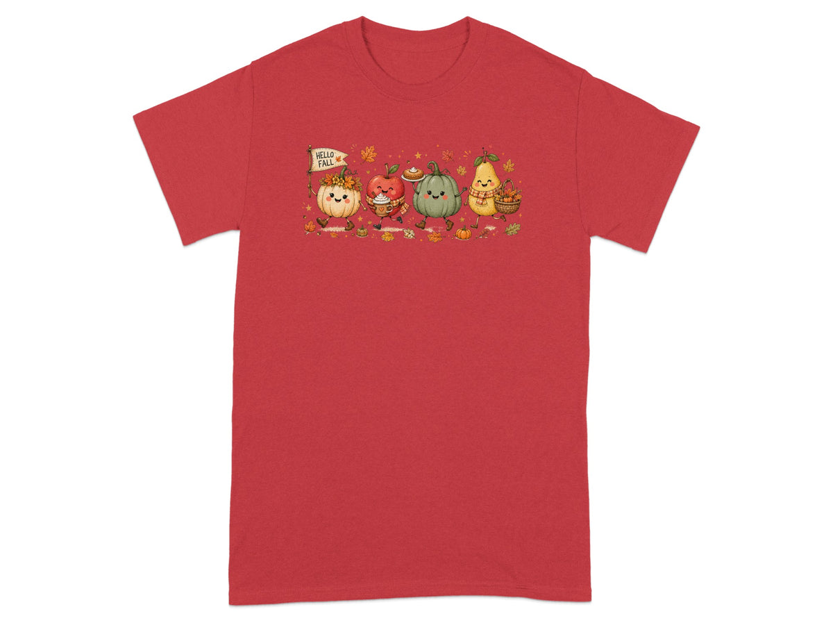 Cute autumn fruits and vegetables on a red shirt.