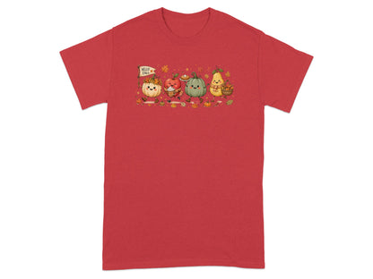 Cute autumn fruits and vegetables on a red shirt.