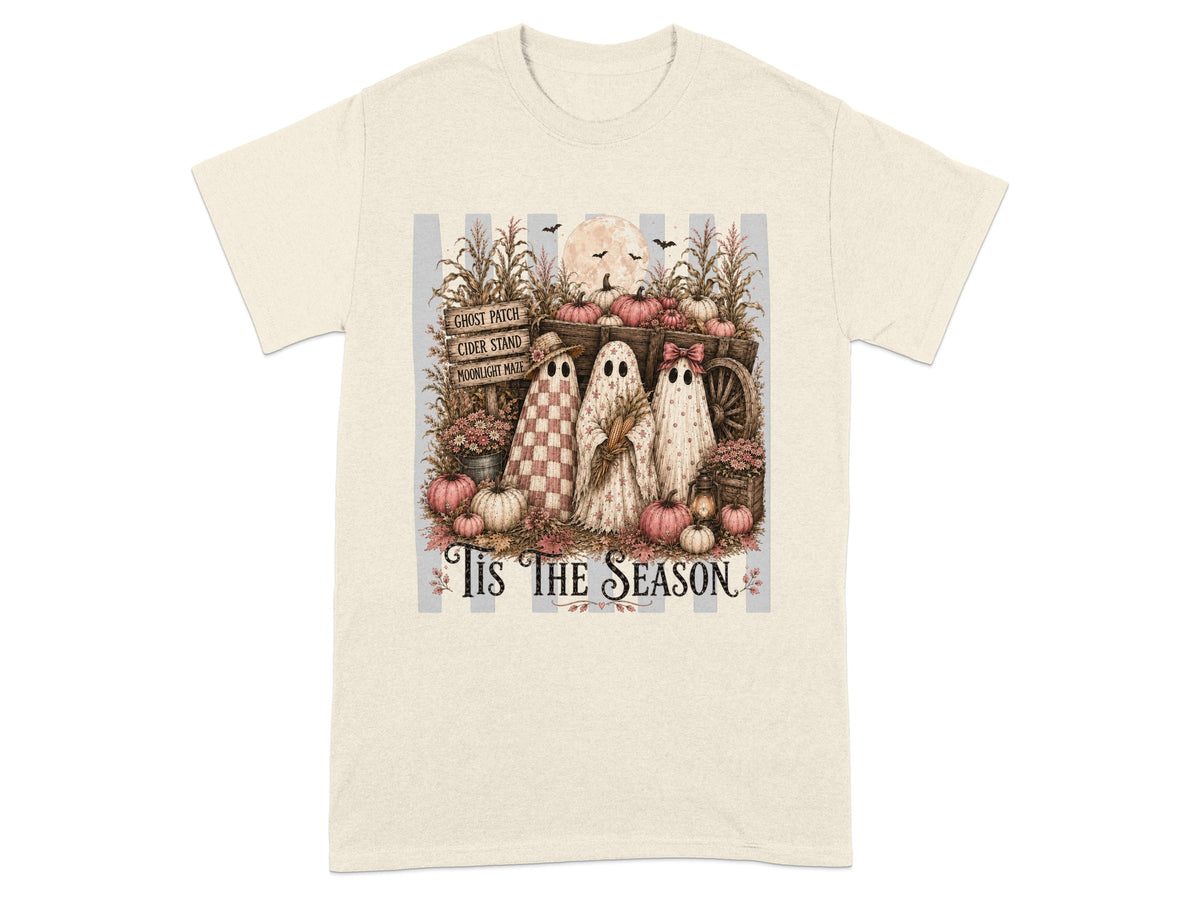 Three ghosts with pumpkins and corn stalks, reading "Tis The Season".