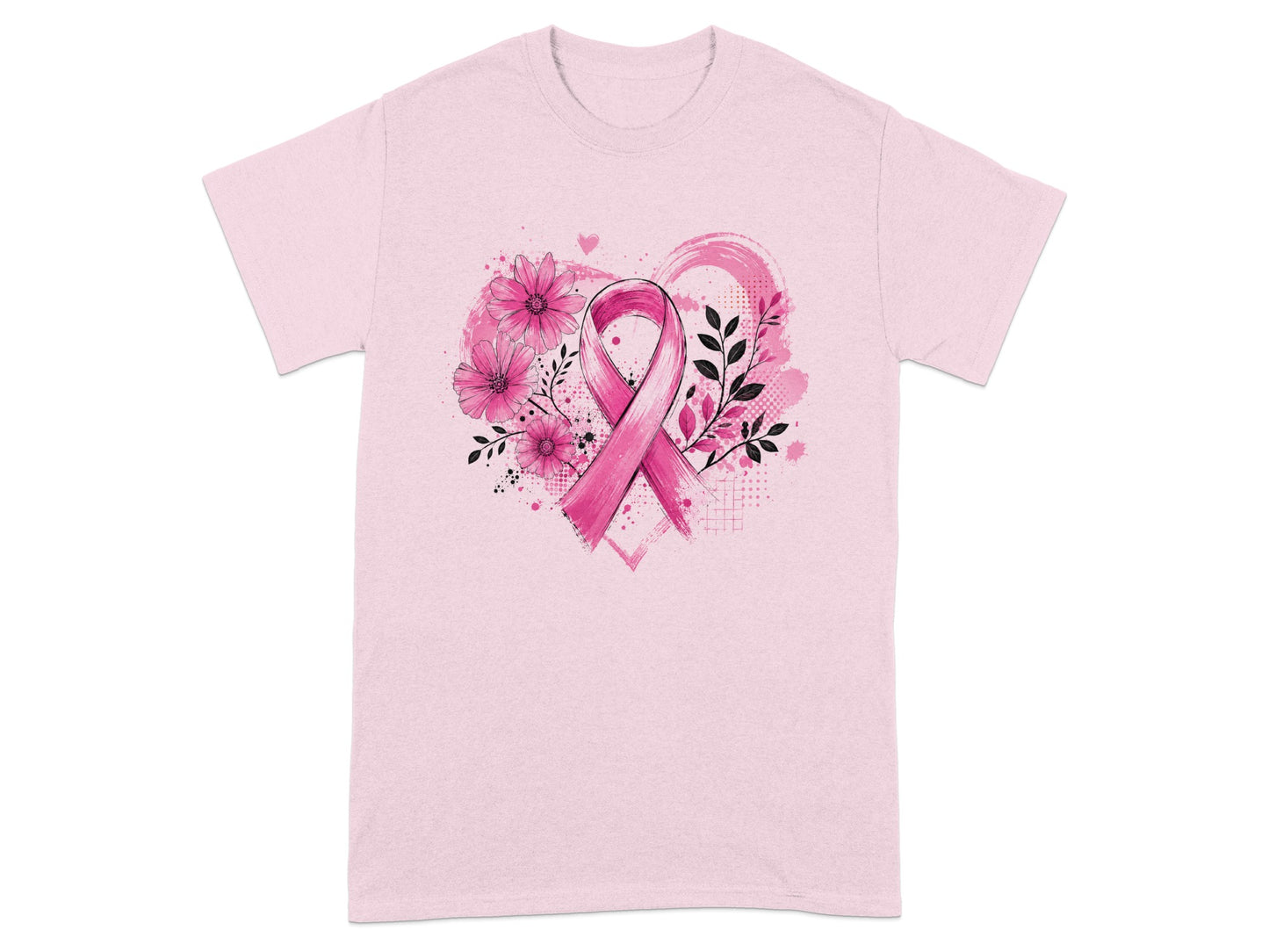 Pink t-shirt with a pink breast cancer ribbon and floral design.