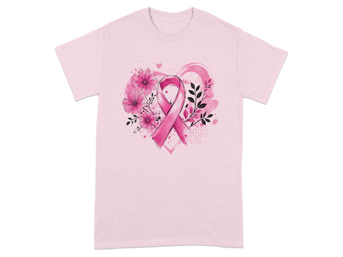 Pink t-shirt with a pink breast cancer ribbon and floral design.