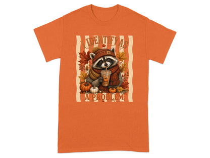 Raccoon in fall attire holding drink, text "I IDENTIFY AS A PROBLEM".