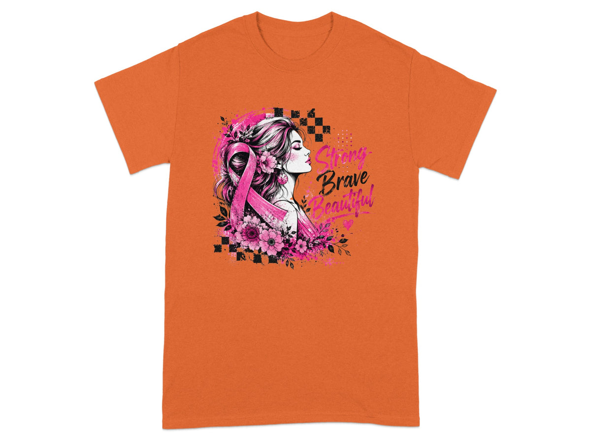 Orange t-shirt with graphic of woman and pink ribbon, reading "Strong Brave Beautiful".
